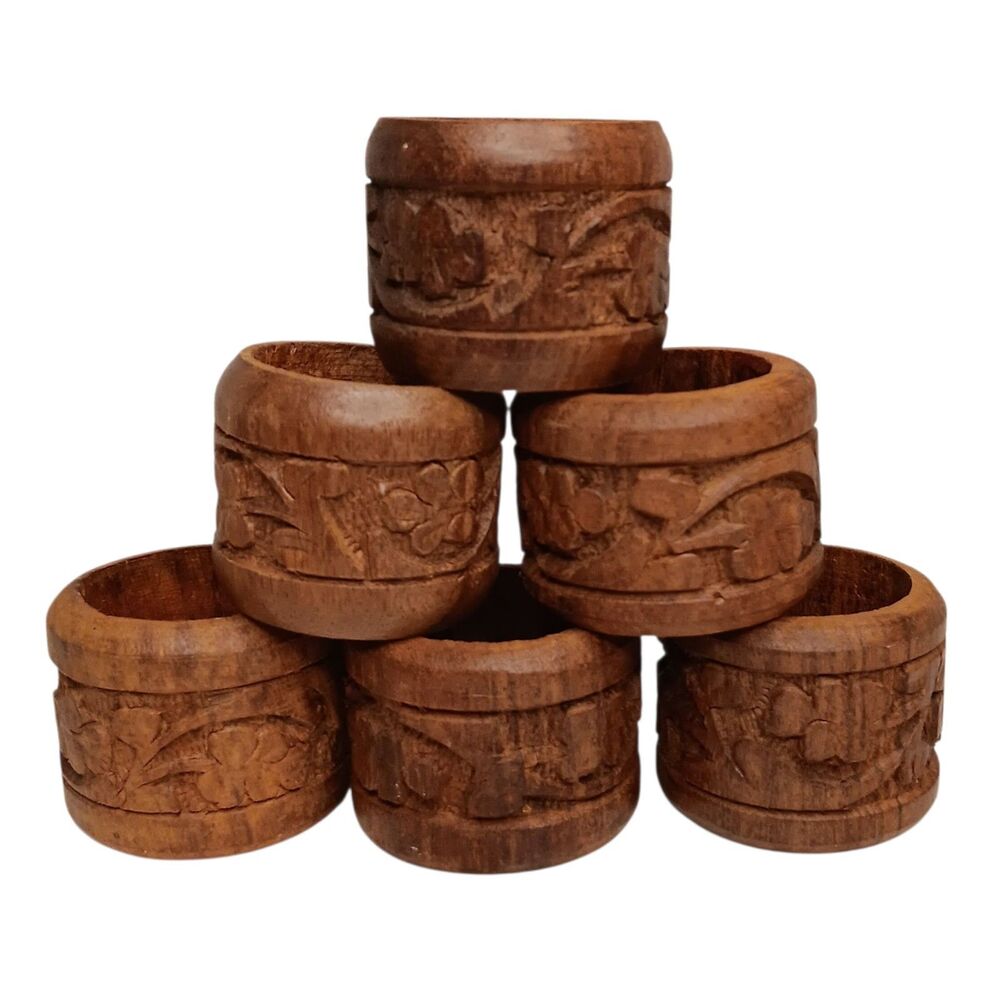 Vintage Wooden Napkin Rings Hand Carved Floral Leaf Design Rustic Boho  Set Of 6